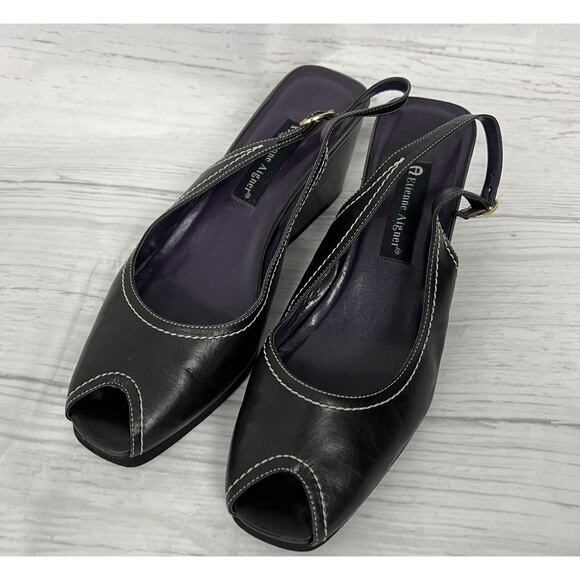 Etienne Aigner Peep Toe Wedge Sandals Womens 10M Black Scheme Heel Sling Back - Picture 1 of 15